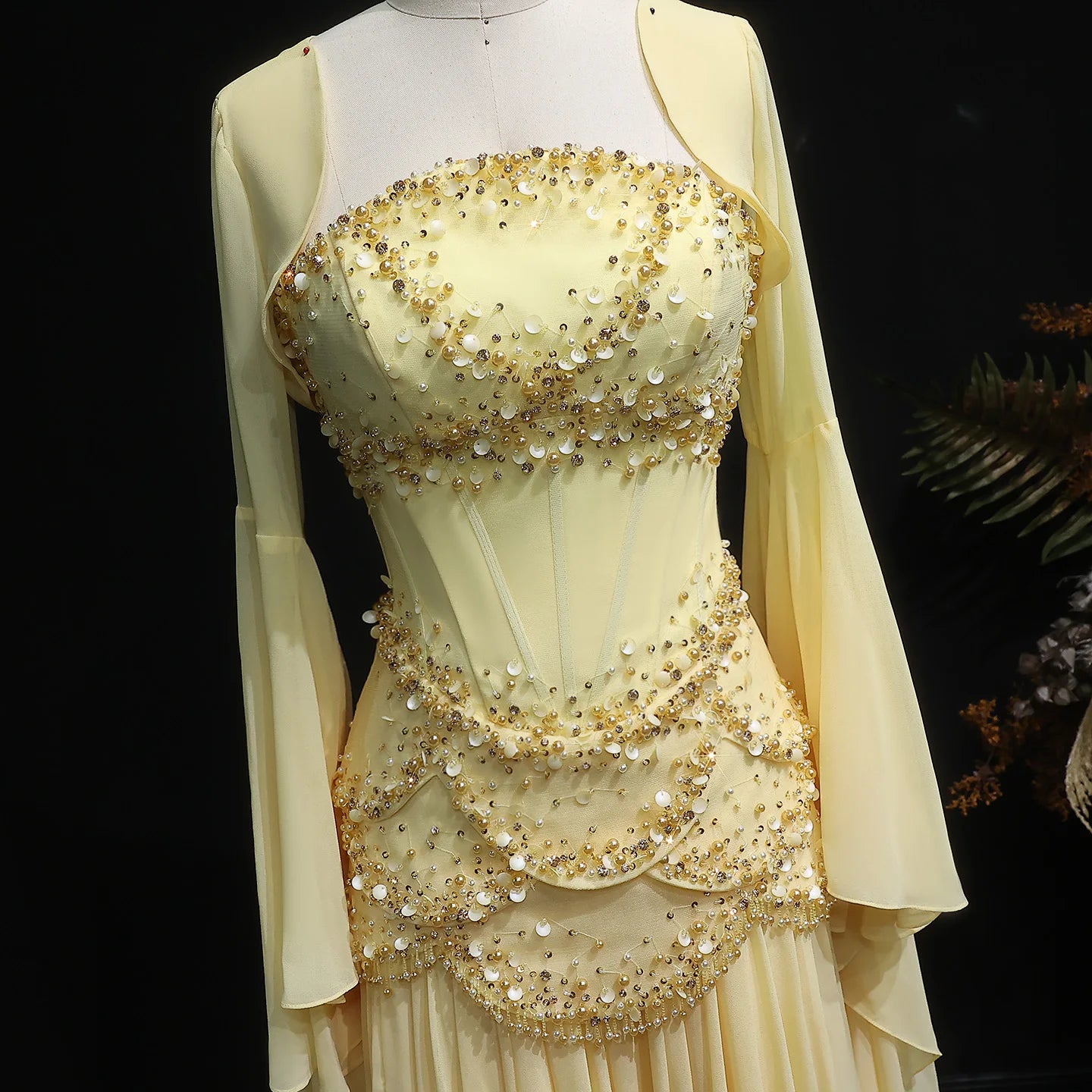 Elegant Yellow & White Chiffon Evening Dress with Cape Sleeves – Customized Design