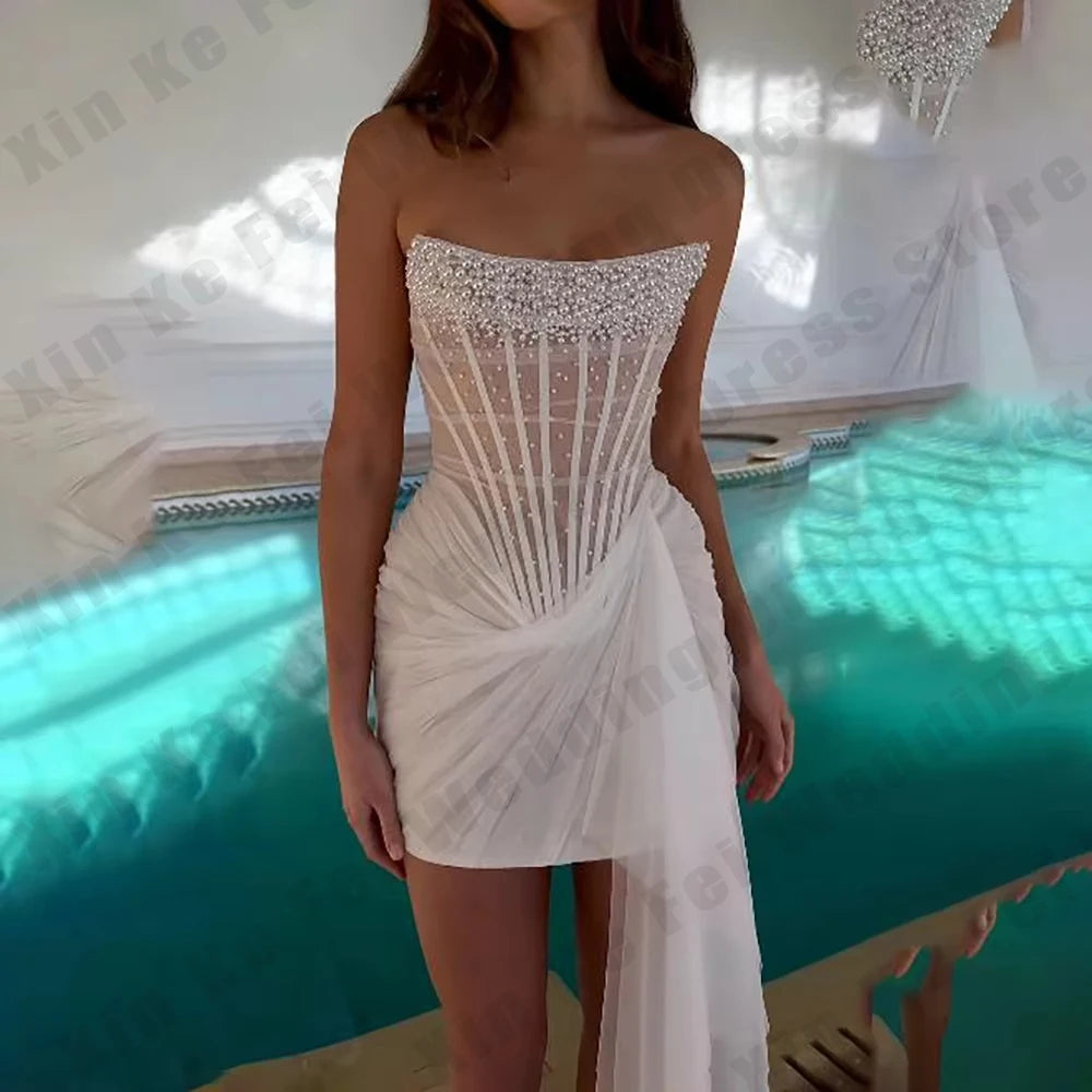 Mini Women's Bridal Gowns Sparkling Bead String Sexy Off Shoulder Sleeveless Princess Wedding Dresses Formal Party Customized