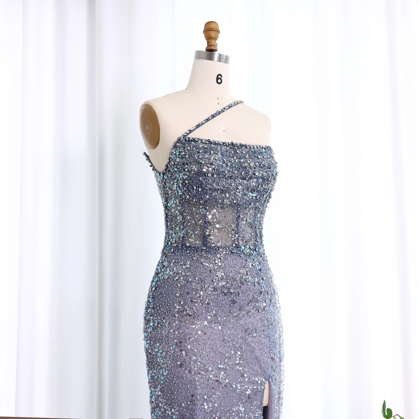 Luxury Ombre Blue Mermaid Evening Dress with Slit Overskirt & Sage Green Accents – Customized Design