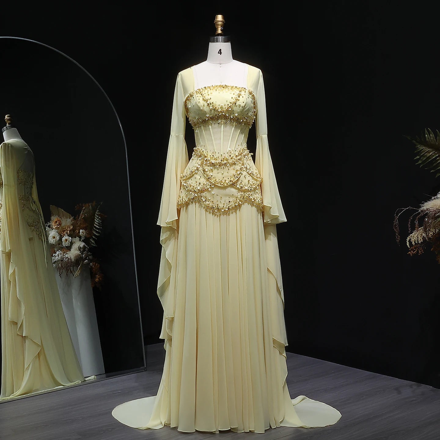 Elegant Yellow & White Chiffon Evening Dress with Cape Sleeves – Customized Design