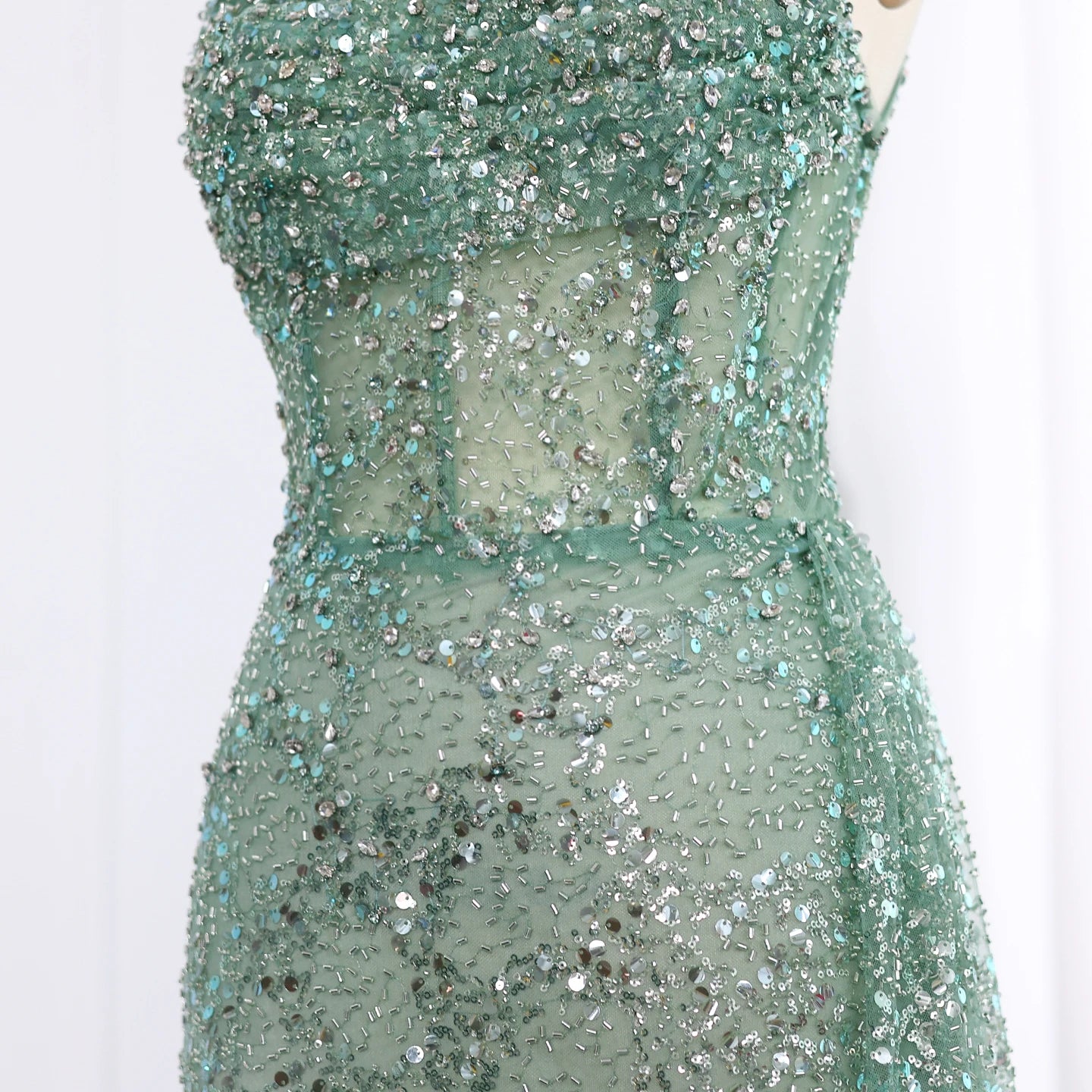 Luxury Ombre Blue Mermaid Evening Dress with Slit Overskirt & Sage Green Accents – Customized Design