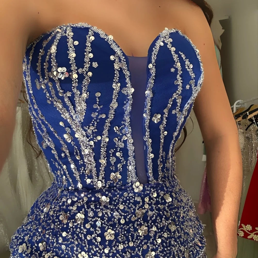 Sansa Dubai Navy Blue Beading Column Prom Dresses Strapless Evening Dress 2025