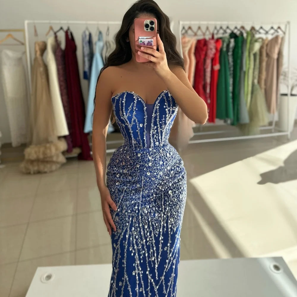 Sansa Dubai Navy Blue Beading Column Prom Dresses Strapless Evening Dress 2025