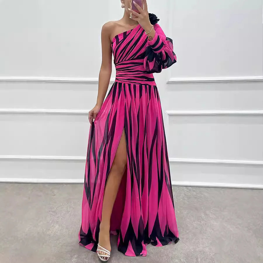 Printed Fit and Flare Maxi Dress – Floor-Length Casual Polyester Gown