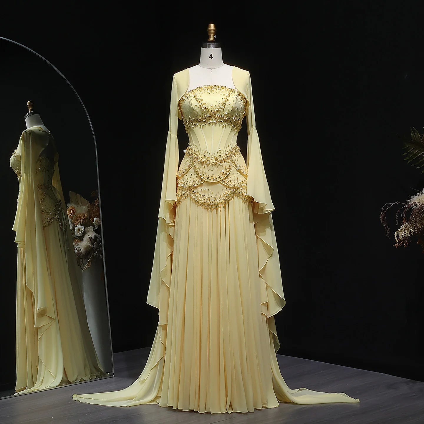 Elegant Yellow & White Chiffon Evening Dress with Cape Sleeves – Customized Design