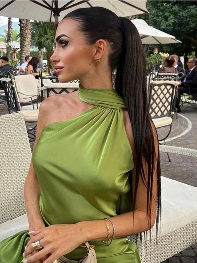 The Milan Dress — Diagonal Neckline & Backless Elegance