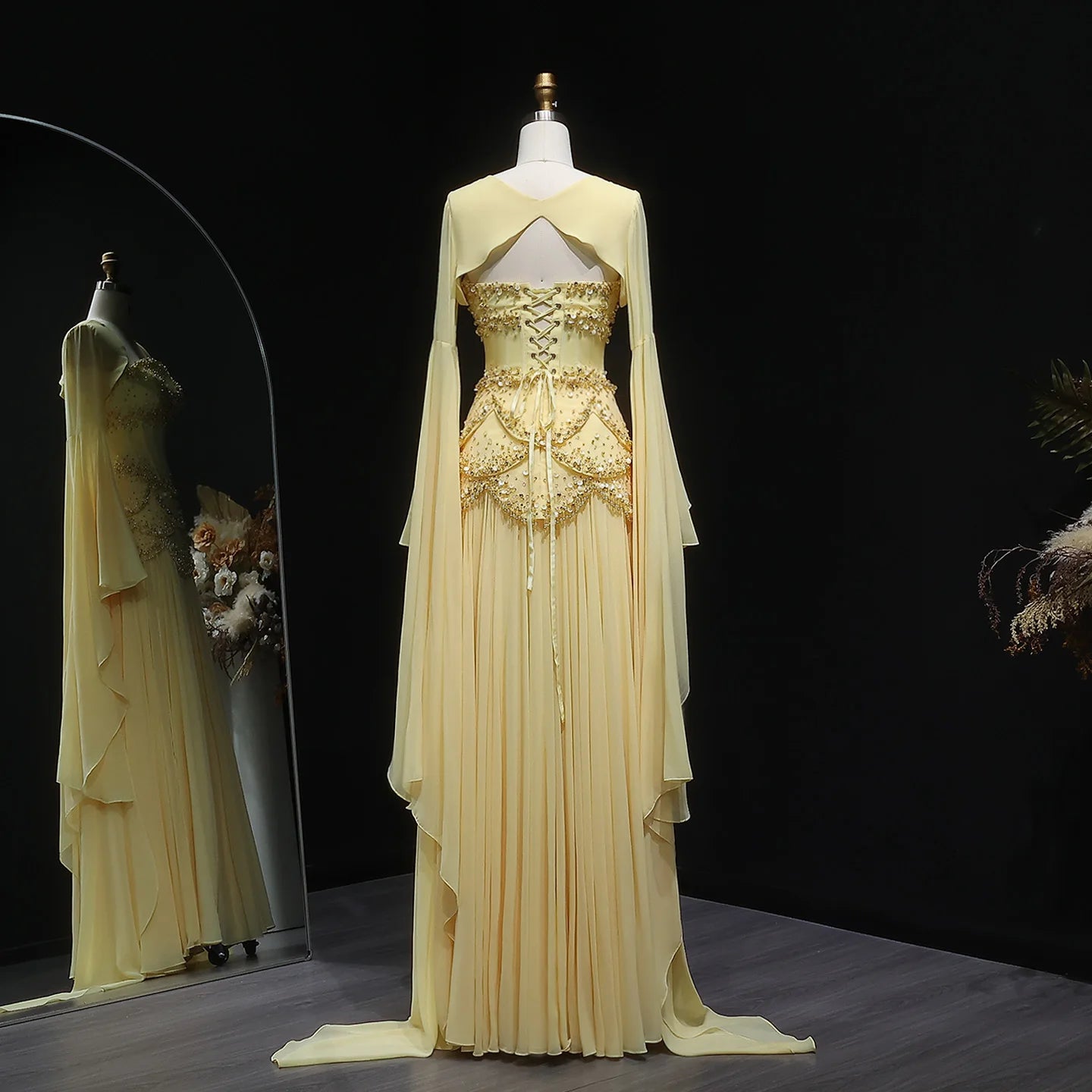Elegant Yellow & White Chiffon Evening Dress with Cape Sleeves – Customized Design