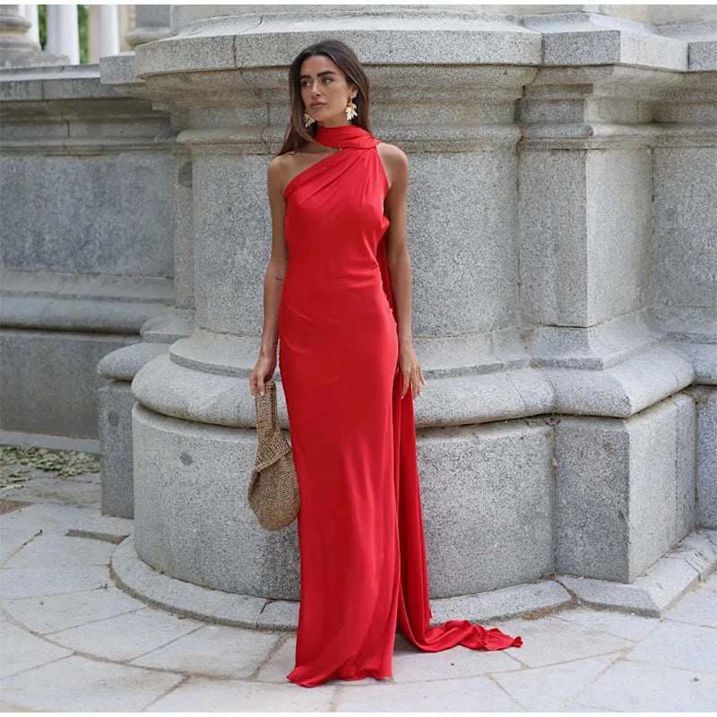 The Milan Dress — Diagonal Neckline & Backless Elegance