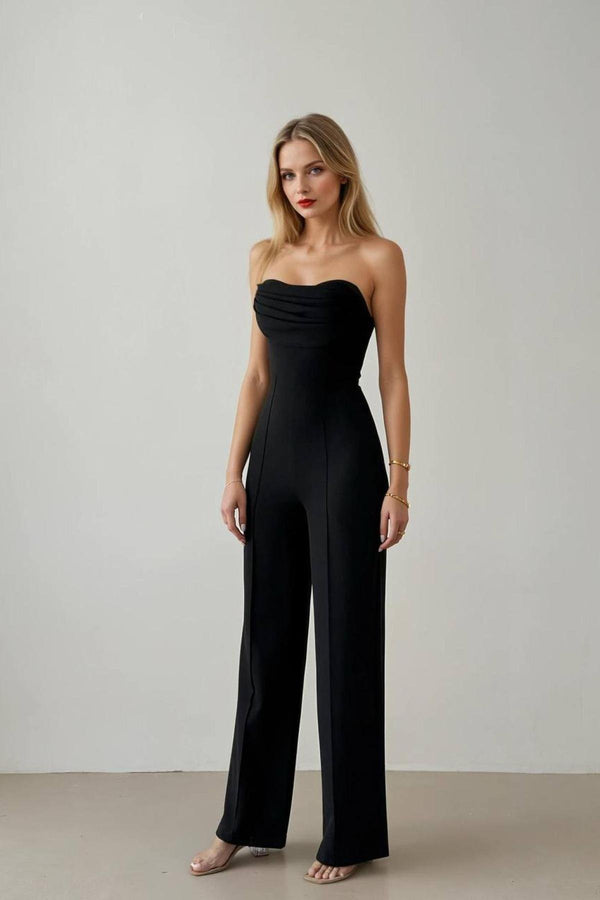 Elegant Strapless Black Polyester Evening Jumpsuit