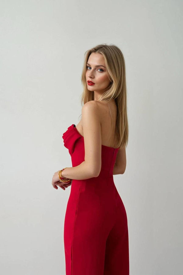 Elegant Red Strapless Polyester Evening Jumpsuit