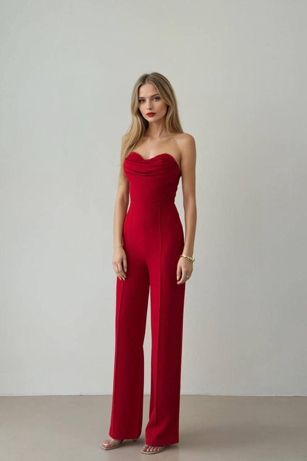 Elegant Red Strapless Polyester Evening Jumpsuit