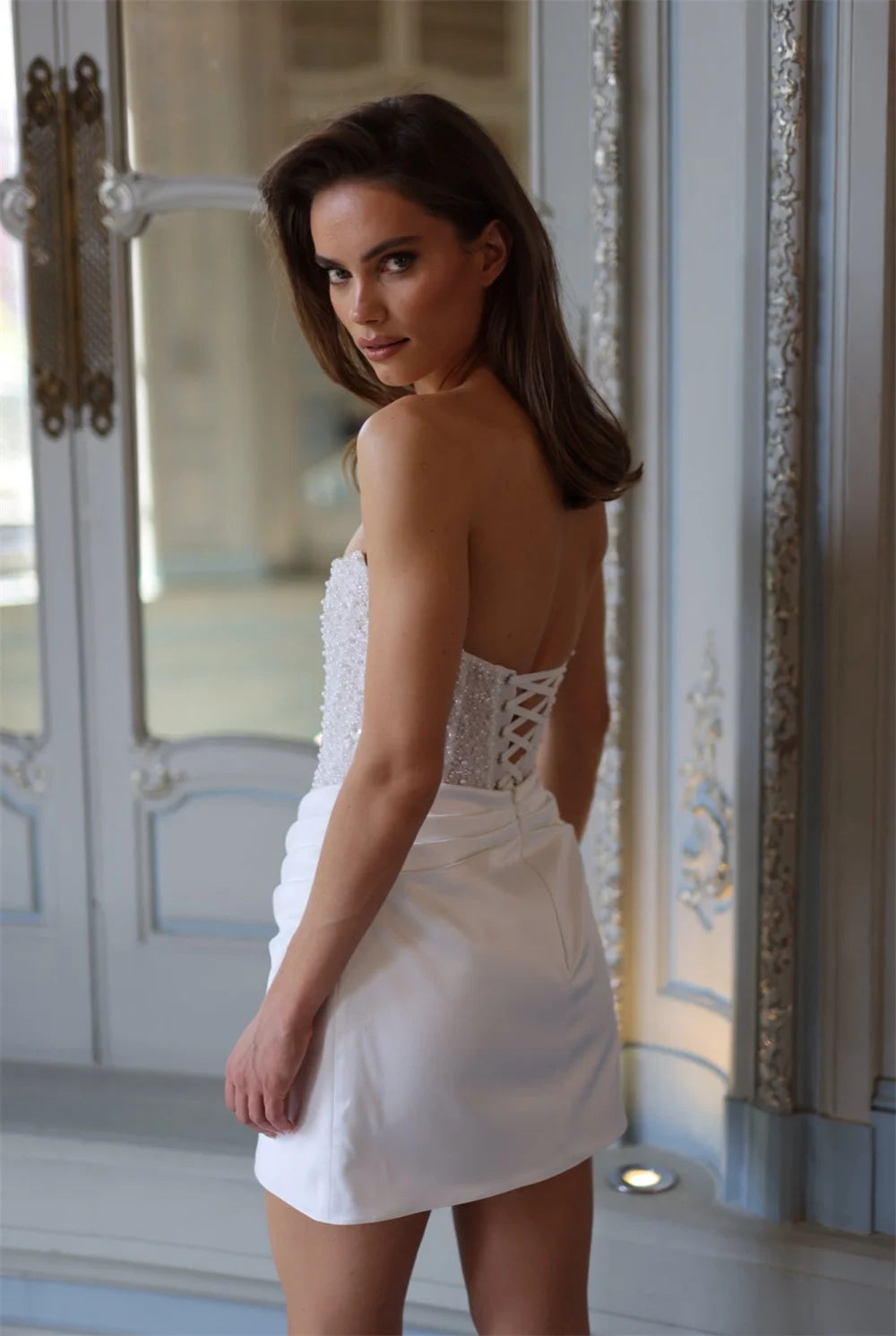 Cathy Customized White Strapless Beading Prom Dresses Sleeveless Sequins vestidos de noiva Lace-Up A-Line Mini Evening Dress