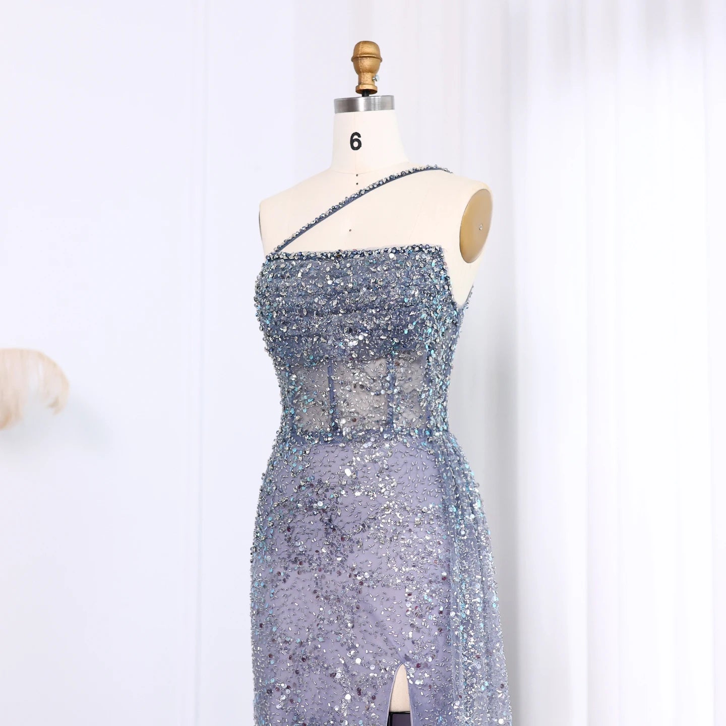 Luxury Ombre Blue Mermaid Evening Dress with Slit Overskirt & Sage Green Accents – Customized Design