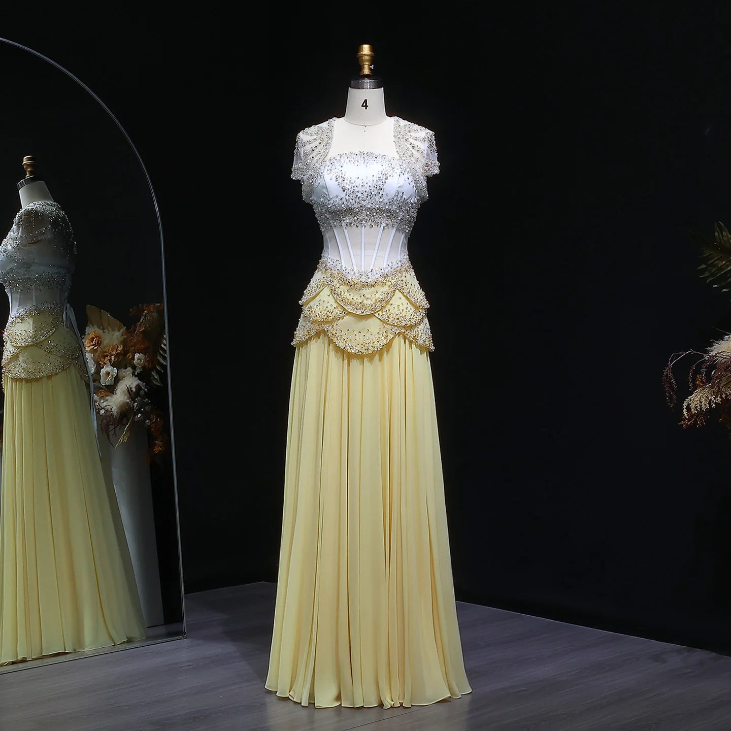 Elegant Yellow & White Chiffon Evening Dress with Cape Sleeves – Customized Design