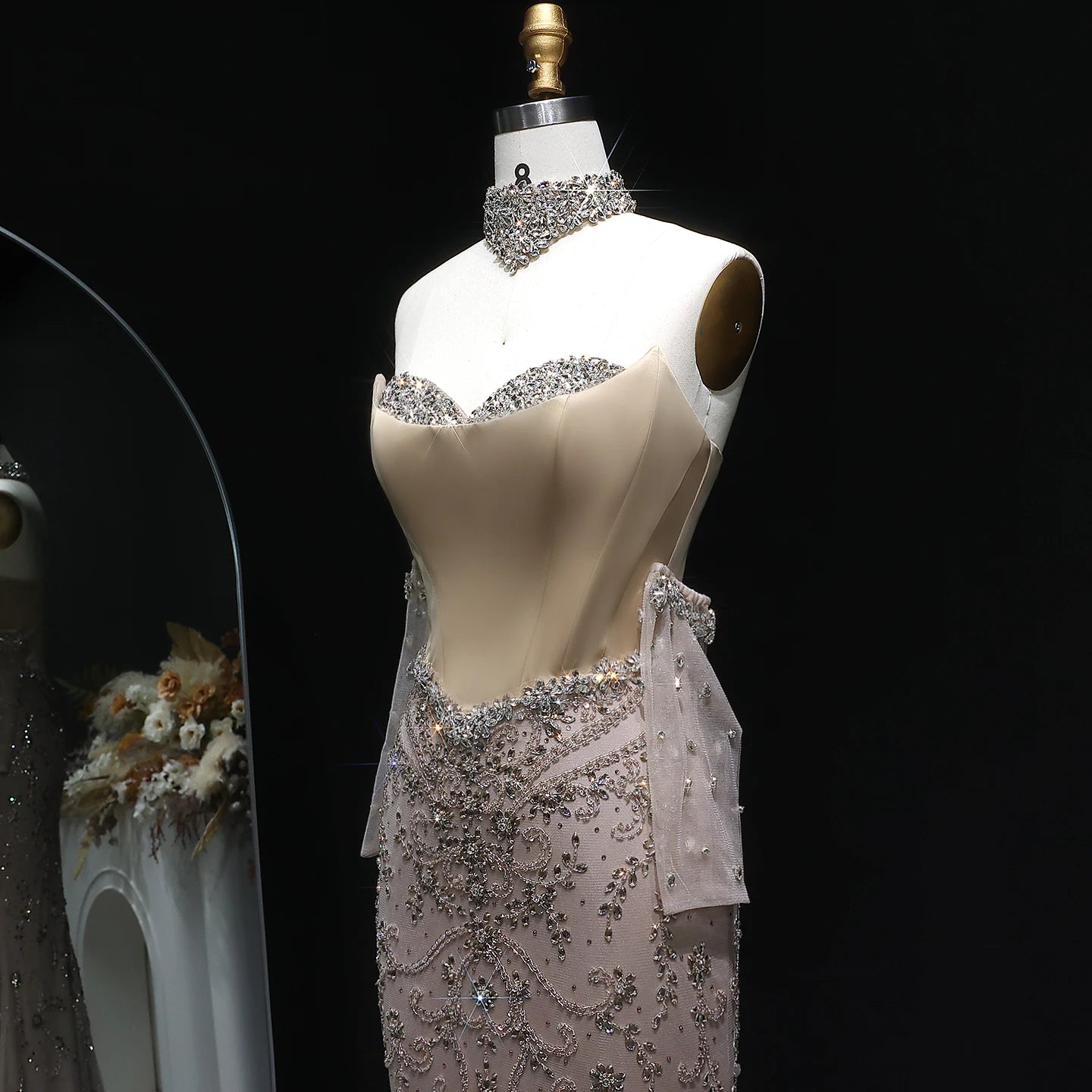 Luxury Beaded Mermaid Evening Dress with Gloves & High Collar – Customized Design