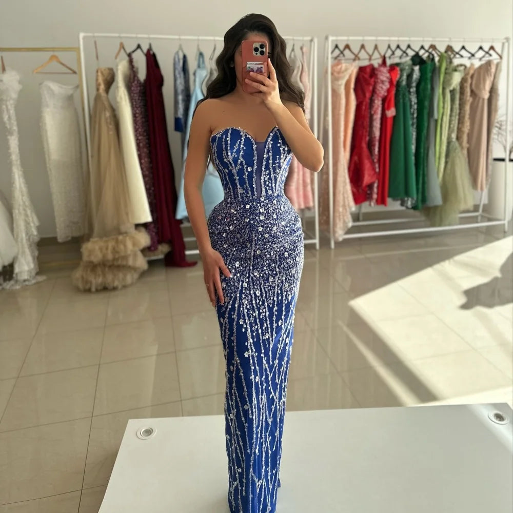 Sansa Dubai Navy Blue Beading Column Prom Dresses Strapless Evening Dress 2025