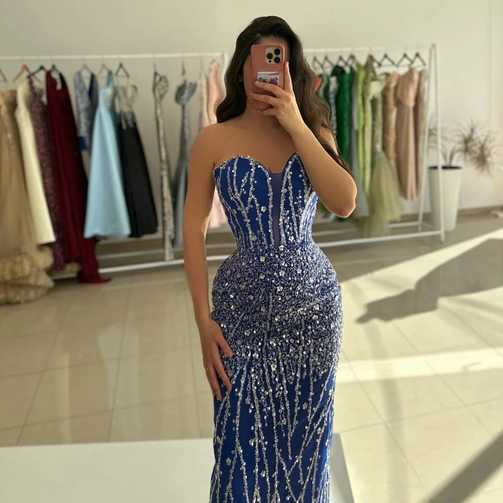 Sansa Dubai Navy Blue Beading Column Prom Dresses Strapless Evening Dress 2025