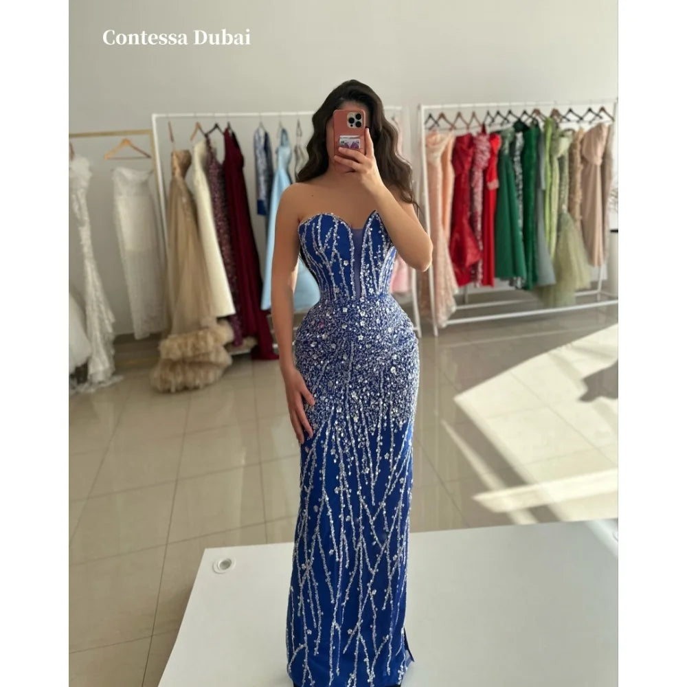Sansa Dubai Navy Blue Beading Column Prom Dresses Strapless Evening Dress 2025