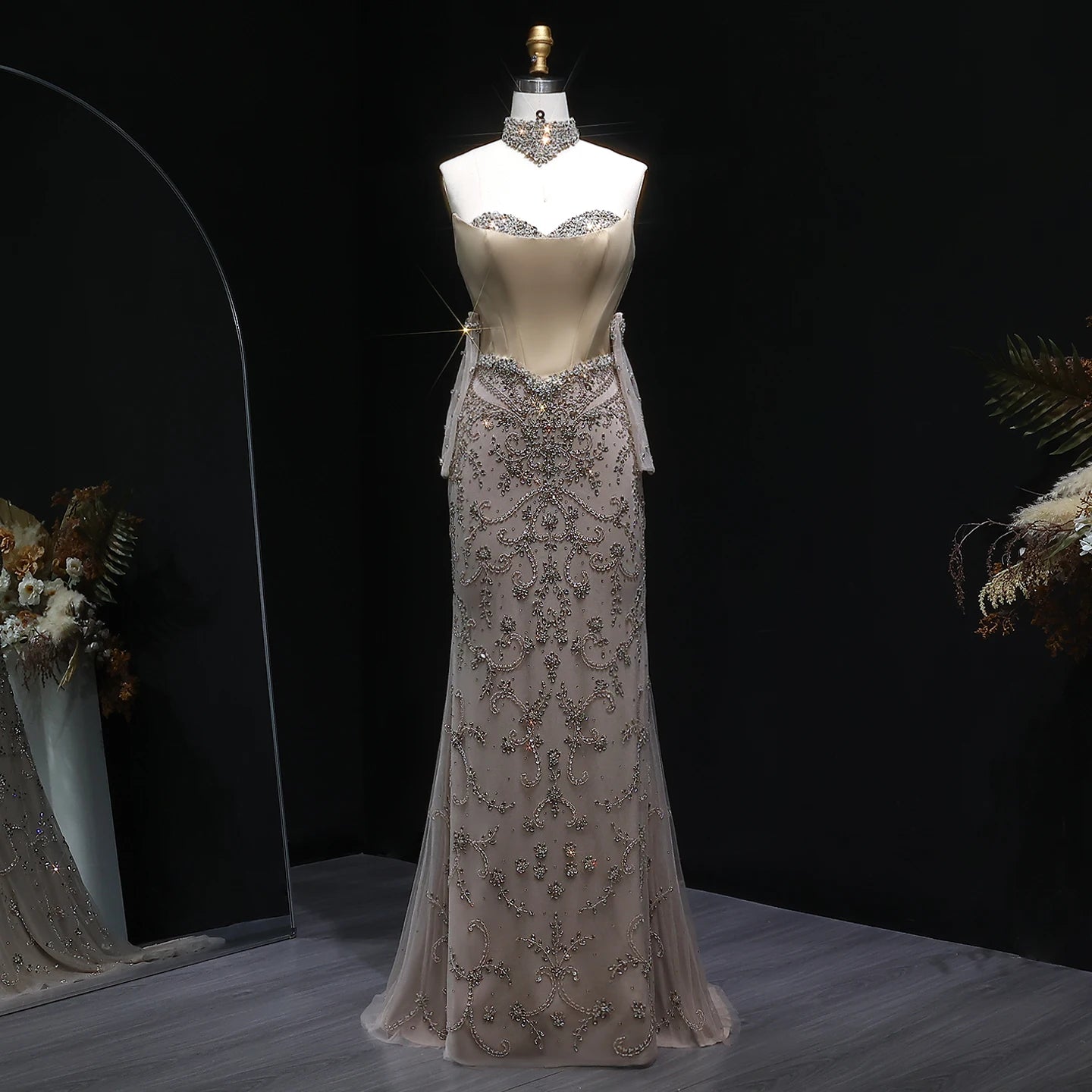 Luxury Beaded Mermaid Evening Dress with Gloves & High Collar – Customized Design