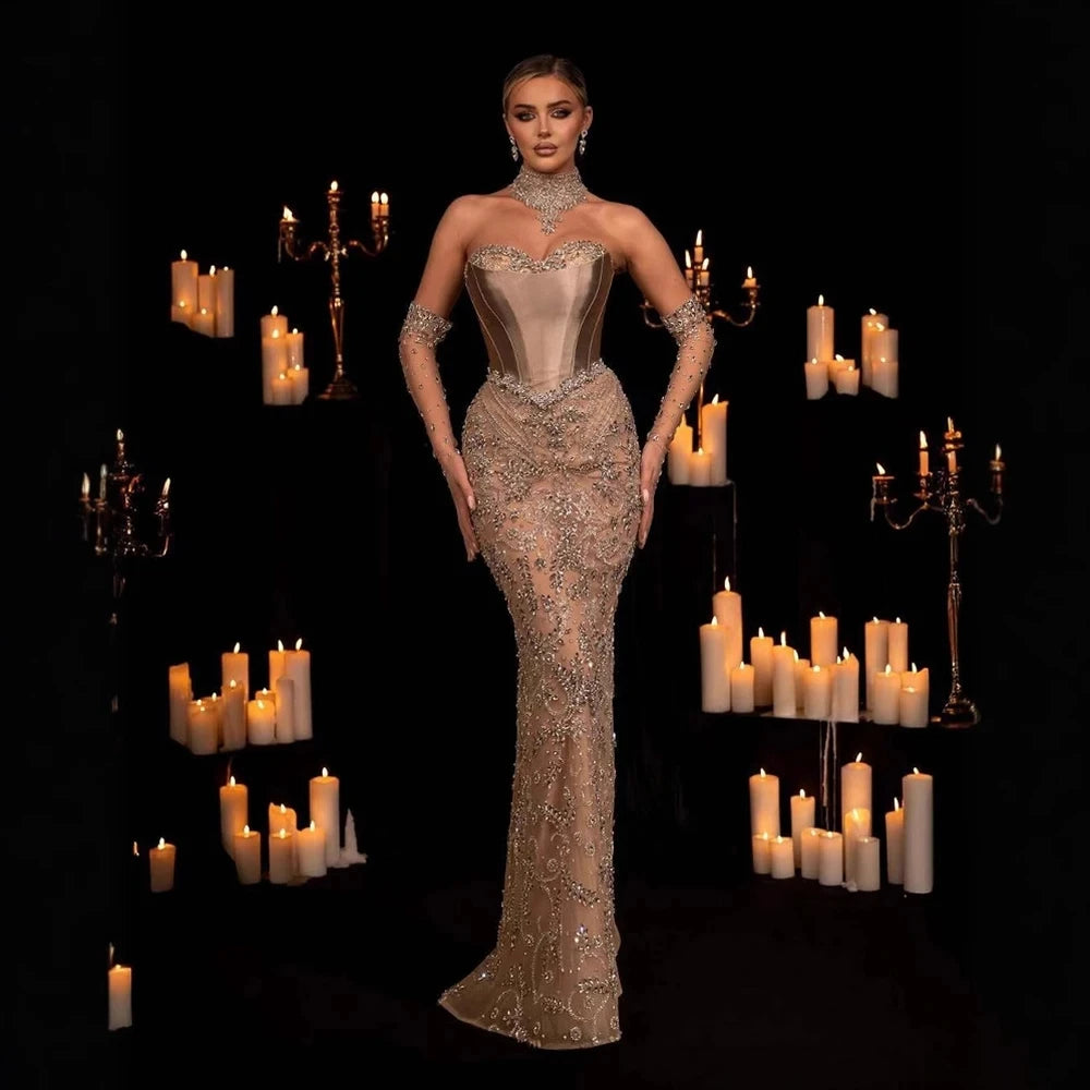 Luxury Beaded Mermaid Evening Dress with Gloves & High Collar – Customized Design