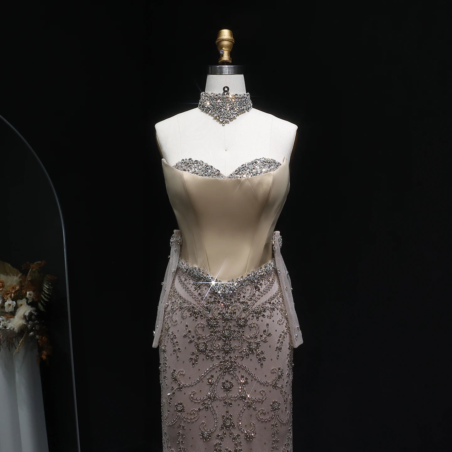 Luxury Beaded Mermaid Evening Dress with Gloves & High Collar – Customized Design