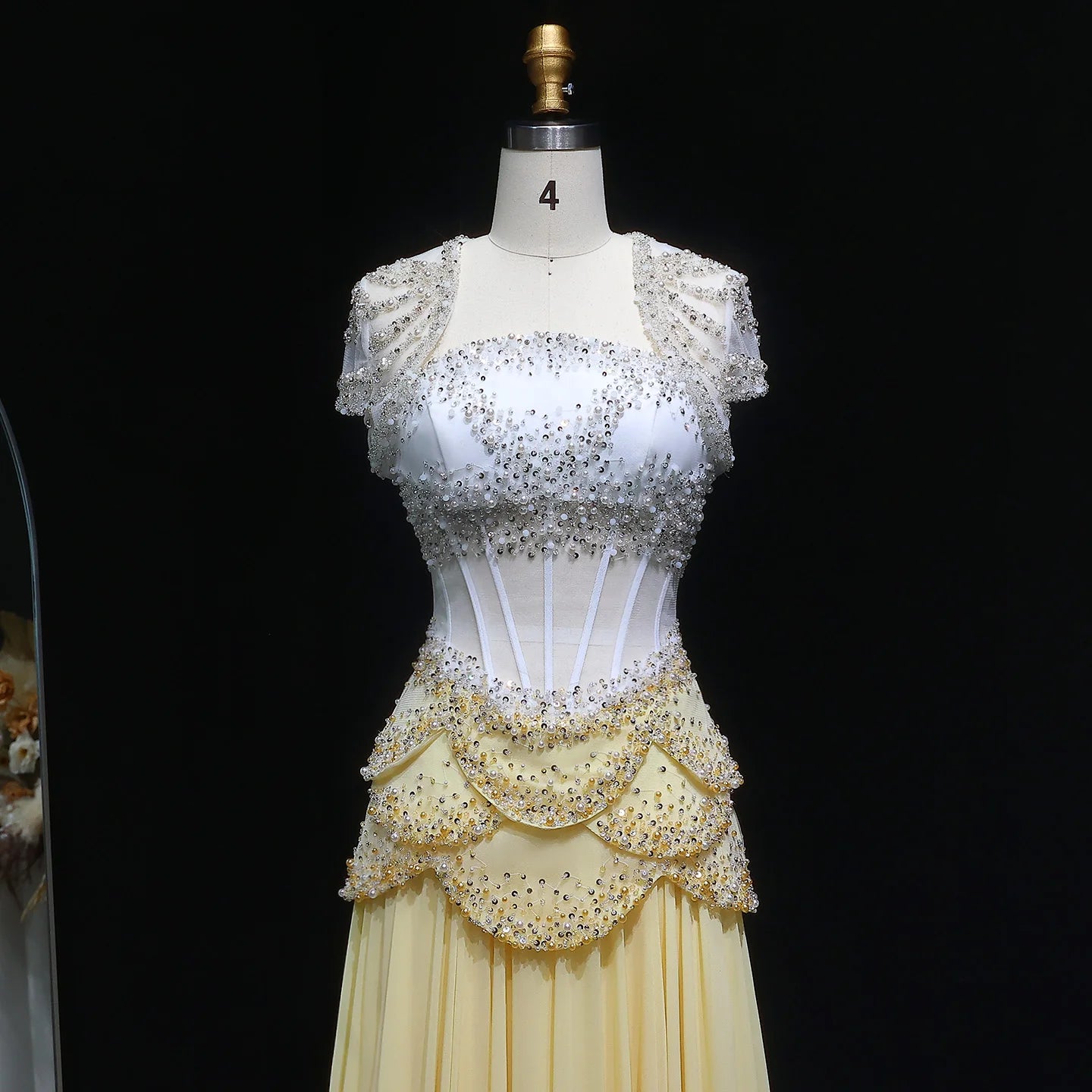 Elegant Yellow & White Chiffon Evening Dress with Cape Sleeves – Customized Design