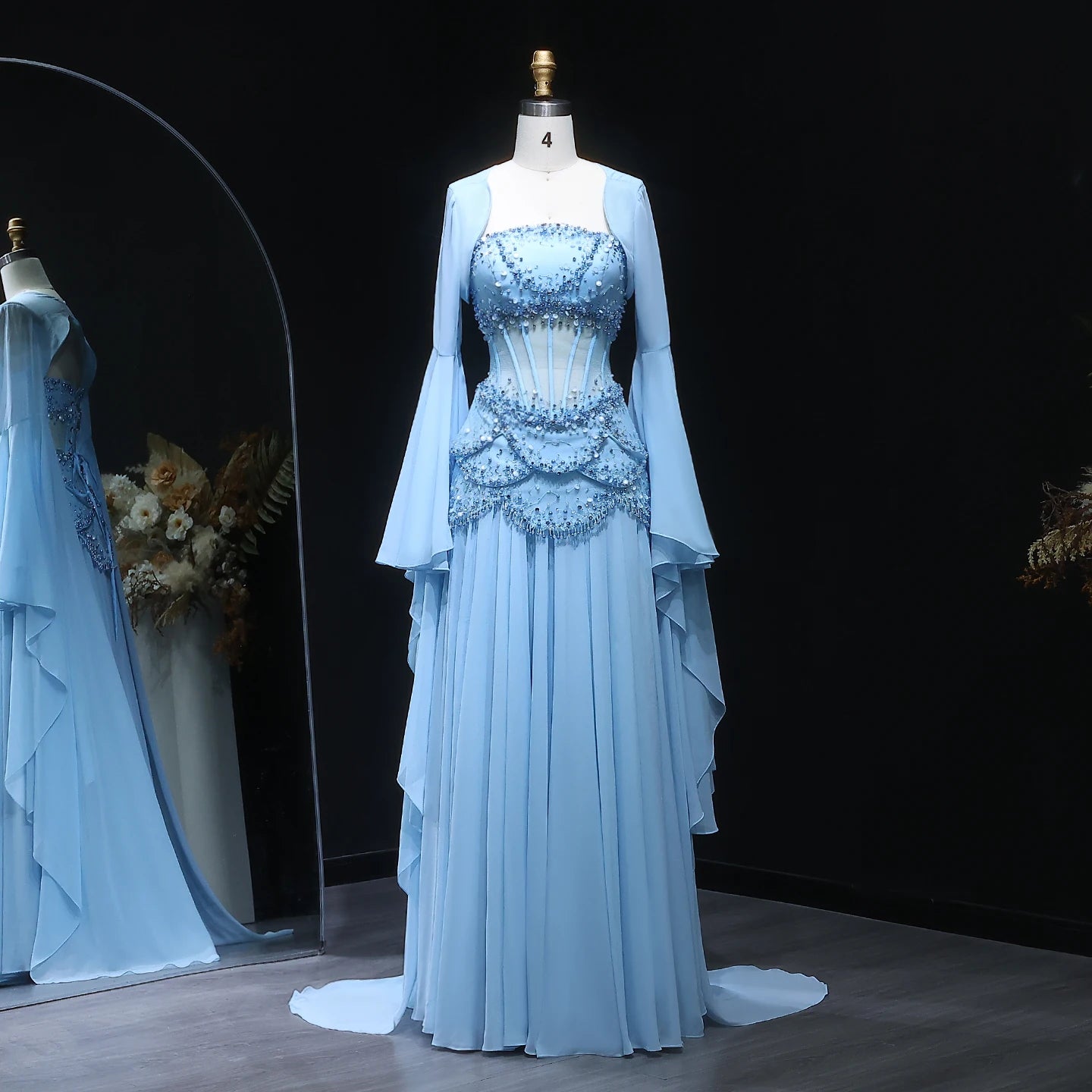 Elegant Yellow & White Chiffon Evening Dress with Cape Sleeves – Customized Design