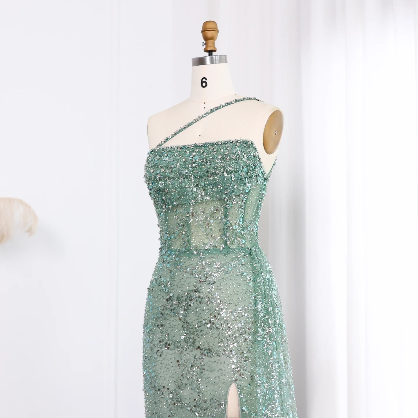 Luxury Ombre Blue Mermaid Evening Dress with Slit Overskirt & Sage Green Accents – Customized Design