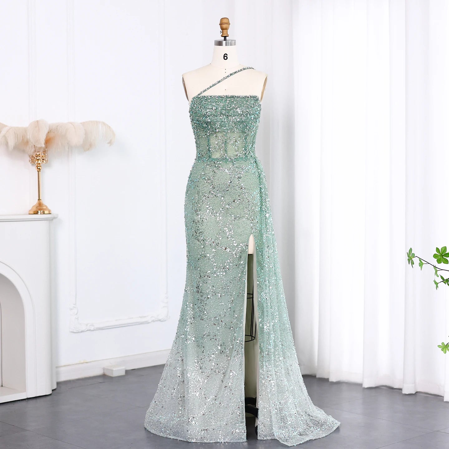 Luxury Ombre Blue Mermaid Evening Dress with Slit Overskirt & Sage Green Accents – Customized Design