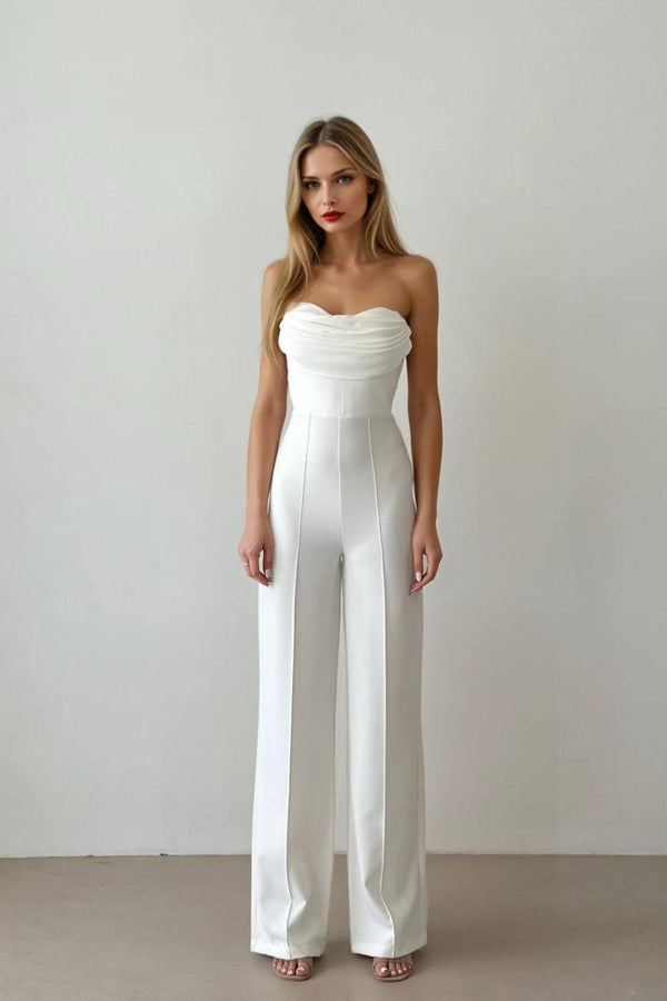 Elegant White Strapless Polyester Evening Jumpsuit